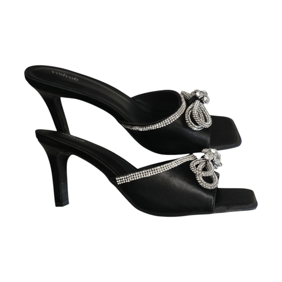 Vodvob Rhinestone Bow Black Square Toe Heels Women's Size 8 - Picture 7 of 13